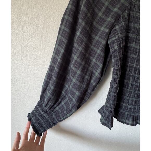 Madewell Lucie Bubble Sleeve Smocked Top Women’s Size Small Green Black Blouse - Picture 5 of 6